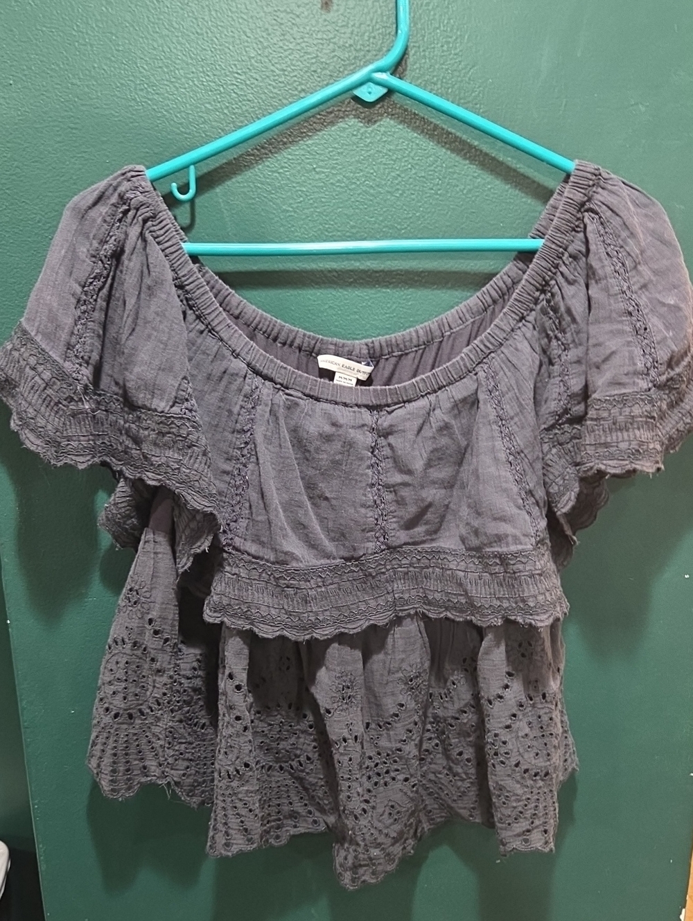 American Eagle Outfitters Blue Off-Shoulder Eyelet Tiered Tunic